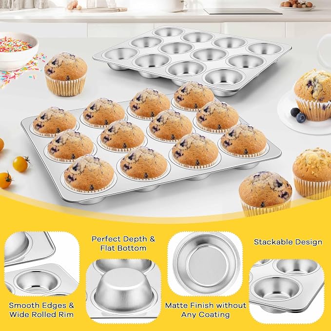 Homikit Stainless Steel Muffin Cupcake Pans 12-Cup, Non Toxic, Easy Release | 3PCS Nonstick Muffins Baking Tins Set, 13.8x10.4 Inch Metal Egg Bites Tray, Standard Size, Heavy Duty, Oven & Dishwasher Safe - Image 5