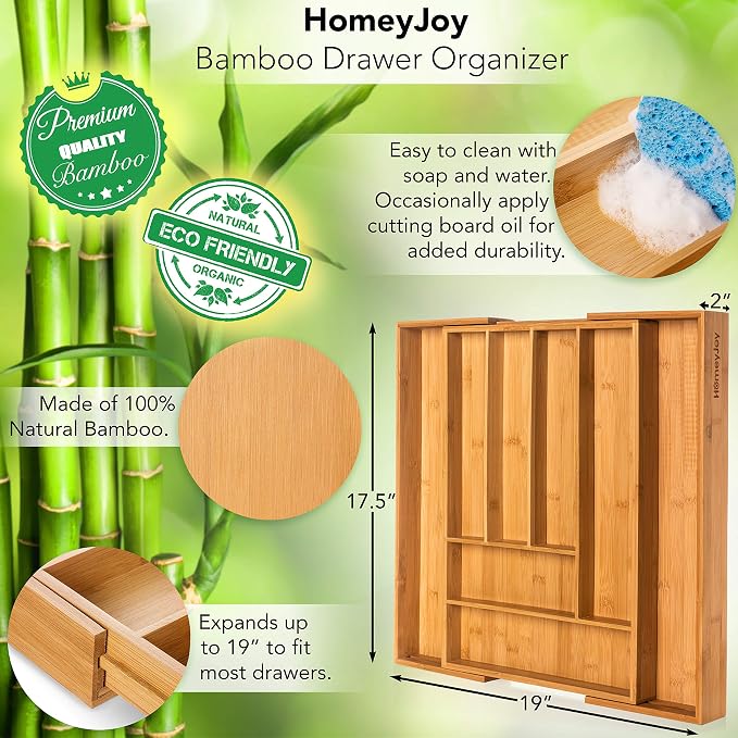 Bamboo Silverware Drawer Organizer - Expandable 100% Bamboo Cutlery Kitchen Drawer Organizer – Premium Wooden Utensil/Cutlery Tray for Kitchen Flatware Set– Eco-Friendly Silverware Organizer - Image 6
