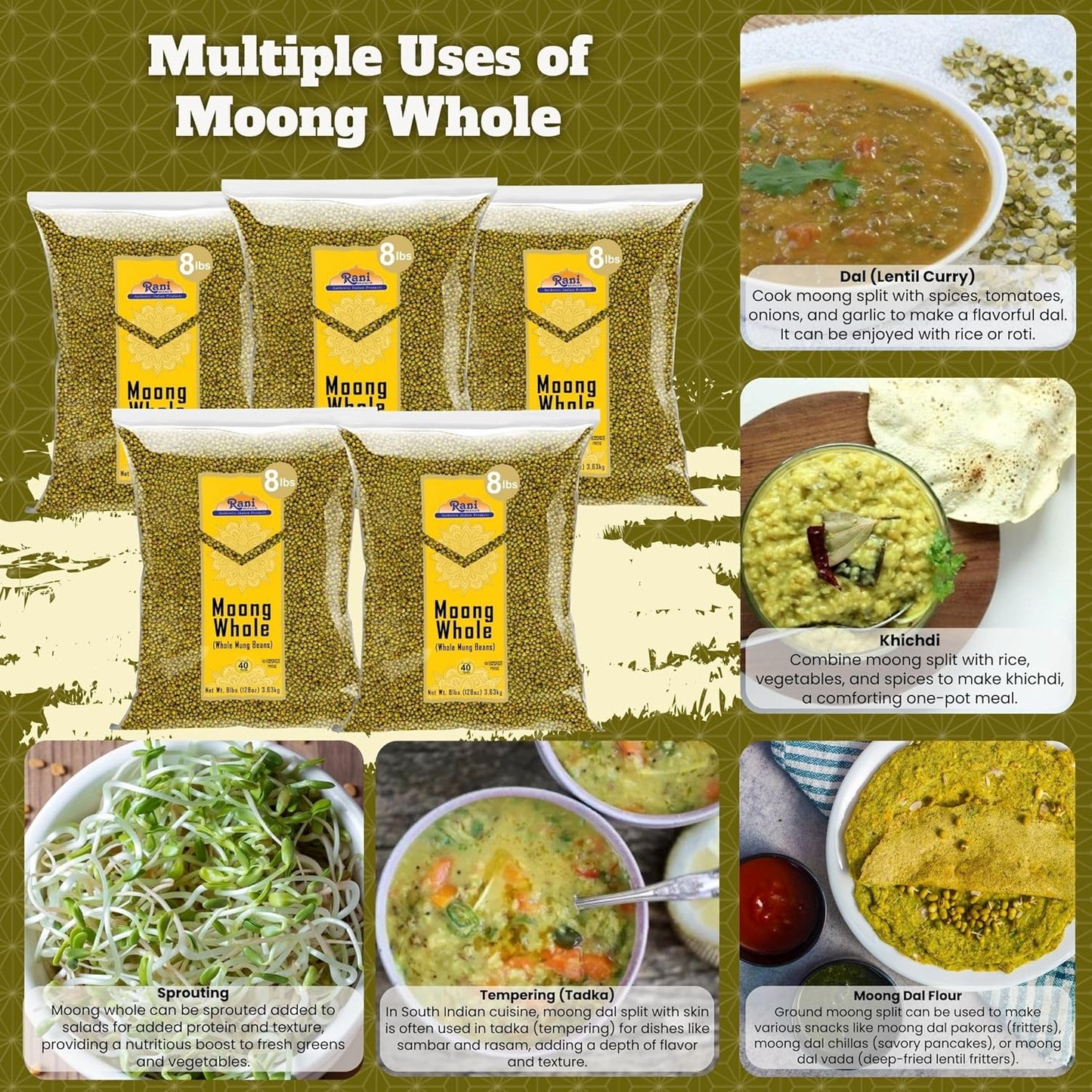 Rani Moong Whole (Ideal for Cooking & Sprouting, Whole Mung Beans w/Skin) Lentils Indian 128oz (8lbs) x Pack of 5 (Total 40lbs) Bulk ~ All Natural | Gluten Friendly | Non-GMO | Vegan | Indian Origin