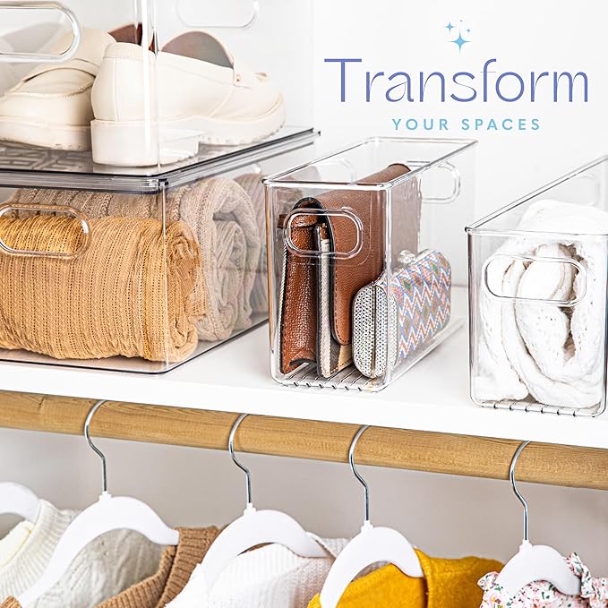 Plastic Food Storage 6 Pack Clear Container Bin with Handles for Organizing Kitchen, Pantry, Refrigerator, Freezer, Pantry, Cabinet, Closet, Bathroom. 10”x4”x6” - Image 5