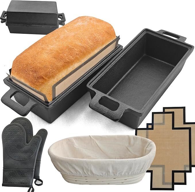 2-In-1 Cast Iron Oven Pan - 9"x5" Durable Loaf Pans Rectangular Baking Pan with Banneton Bread Proofing Basket set for home baking, 2 Piece Set -1.8 QT×2 Pcs (Silicone mats, Bread Pan 4 Set) by Voulosimi