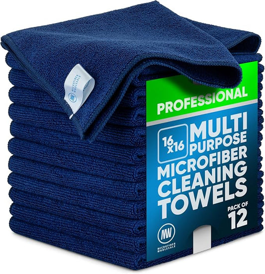 MW Pro Multi-Surface Microfiber Towel – 12 Pack | Premium Cleaning Cloth | Clean, Buff, Dust, Polish, Absorb | Large 16"x16" (Dark Blue) by MicrofiberWholesale