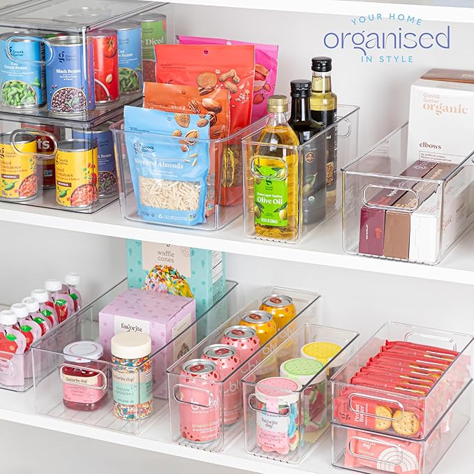 Plastic Food Storage 2 Pack Clear Container Bin with Handles for Organizing Kitchen, Pantry, Refrigerator, Freezer, Pantry, Cabinet, Closet, Bathroom. 16”x8”x5” - Image 7