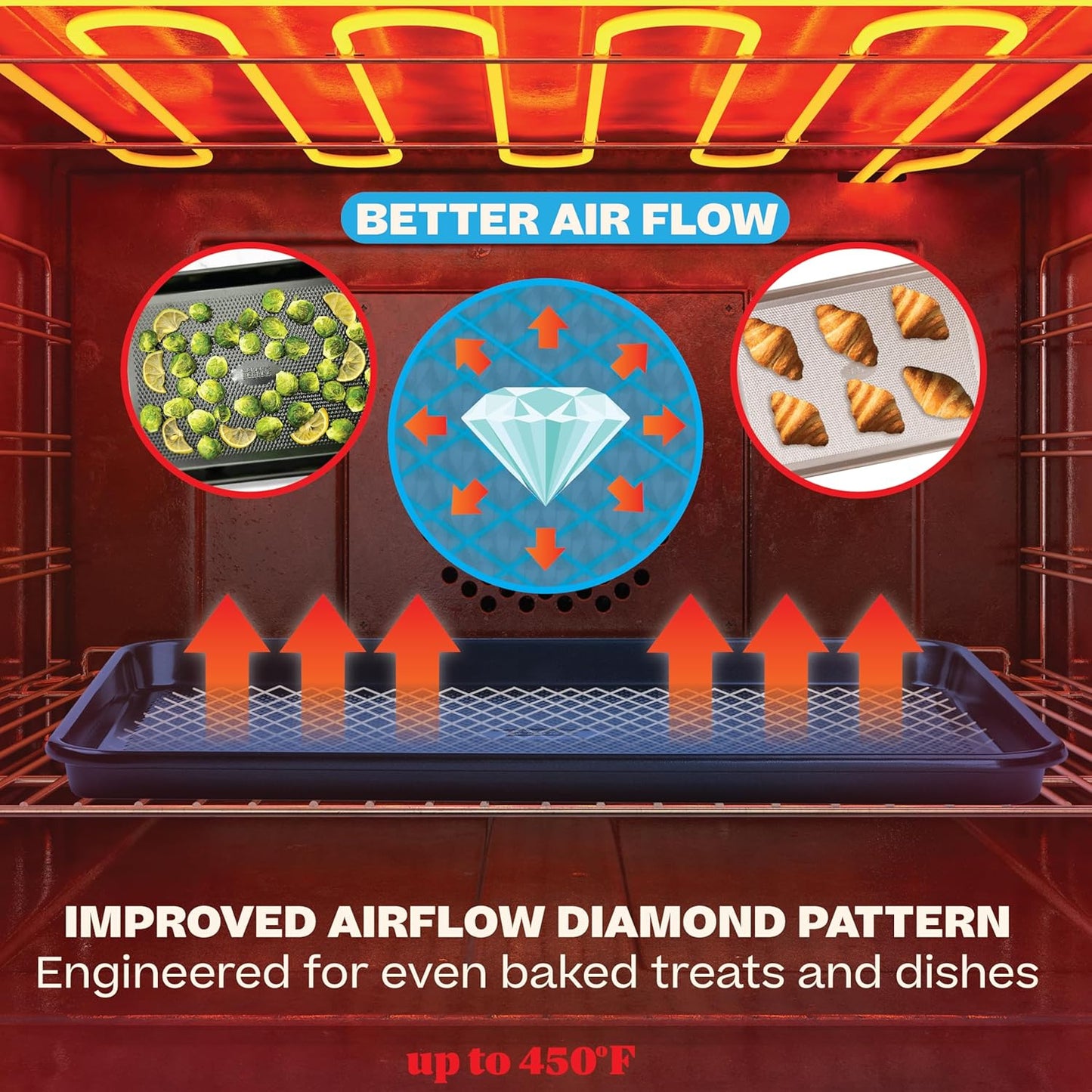 Baker's Secret Baking Sheets Non Stick, 3x Cookie Sheets for Oven, Diamond Texture Premium Air Flow, Set of 3 Baking Trays, Extra Thick 0.6mm with Diamond Base PFOA, PFOS, PTFE and PFAS free Bakeware