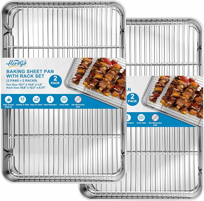 Herogo Large Baking Sheet with Wire Rack Set(2 Pans + 2 Racks), 20 x 14 x 1 Inch Stainless Steel Metal Cookie Pan Set for Baking & Roasting, Rust & Warp Resistant & Nonstick by Herogo
