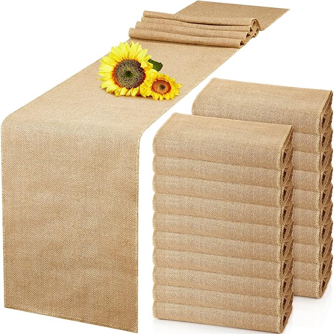 24 Pcs Burlap Table Runners 12 x 108 Inches Farmhouse Table Runners with Finished Edges Hessian Burlap Runners Rustic Wedding Aisle Decor for Wedding Birthday Christmas Baby Shower Coffee Table Decor by Shimeyao