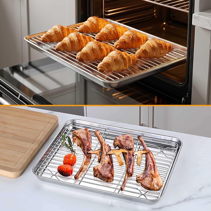 Homikit Quarter Sheet Pan with Rack Set for Toaster Oven (2 Sheets+2 Racks) | 12x10 Inch Stainless Steel Baking Sheets & Wire Cooling Grids, Small Cookie Pans Non Toxic, Metal Bacon Tray, Dishwasher Safe - Image 7