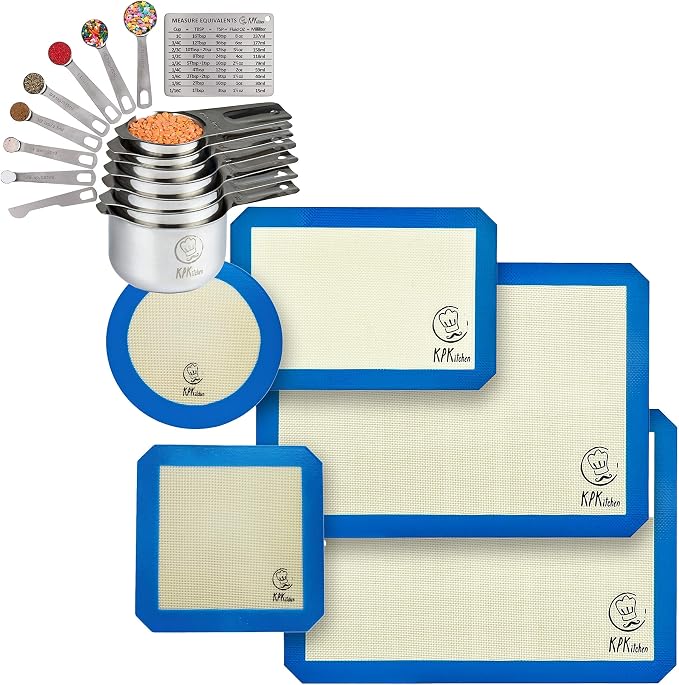 KPKitchen Silicone Baking Mats Set of 5 and Stainless Steel Measuring Cups and Spoons Set of 14-2 Half Sheets Mats + 1 Quarter Sheet Liner + 1 Round & 1 Square Cake Mat - 7 Metal Cup & 7 Metal Spoon by KPKitchen