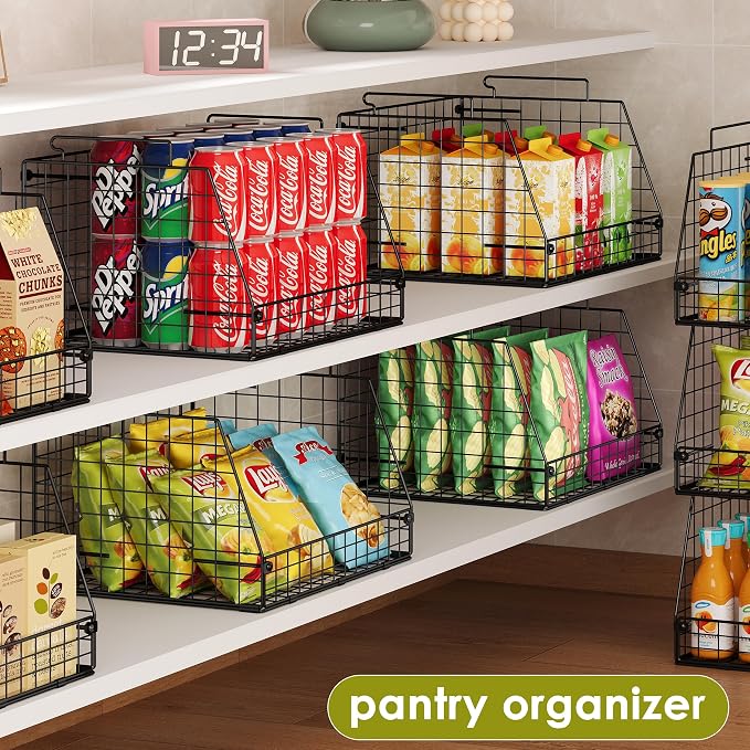 Jakyitvi 6 Pack Stackable Wire Baskets for Pantry,6 Pank Metal Pantry Organizer Storage Bins for Kitchen Snack, Fruit, Potato, Onion & Vegetable Storage, Wire Baskets for Pantry Organization - Image 4