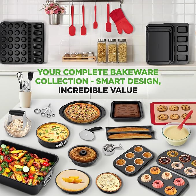 NutriChef 42 Pc Bakeware Set Nonstick, Carbon Steel Baking Pans w/Utensils | Complete Baking Set, Includes Muffin Pan, Loaf Pan, Cake Pan, & Baking Tools, Stackable, Oven Safe upto 446°F, Warp Resistant - Image 5