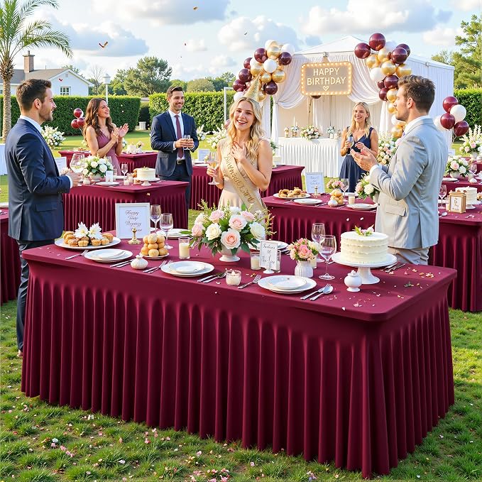8 Pack Burgundy Table Cloth for 6 Foot Rectangle Tables Spandex Fitted Tablecloth 6ft Stretch Table Covers Skirt Burgundy Banquet Tablecloths Wrinkle Free Tablecloth for Party Wedding Birthday Event - Image 3