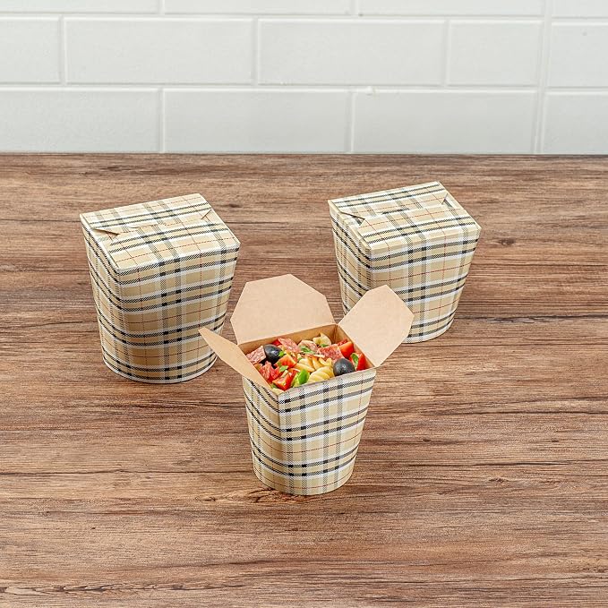 Restaurantware-Bio Tek 3.2 x 2.9 x 4 Inch Food Containers, 200 Noodle Takeaway Boxes - Disposable, Sturdy, Plaid Paper 16 Ounce Take Out Boxes, Round, For Hot Or Cold Foods - Image 9