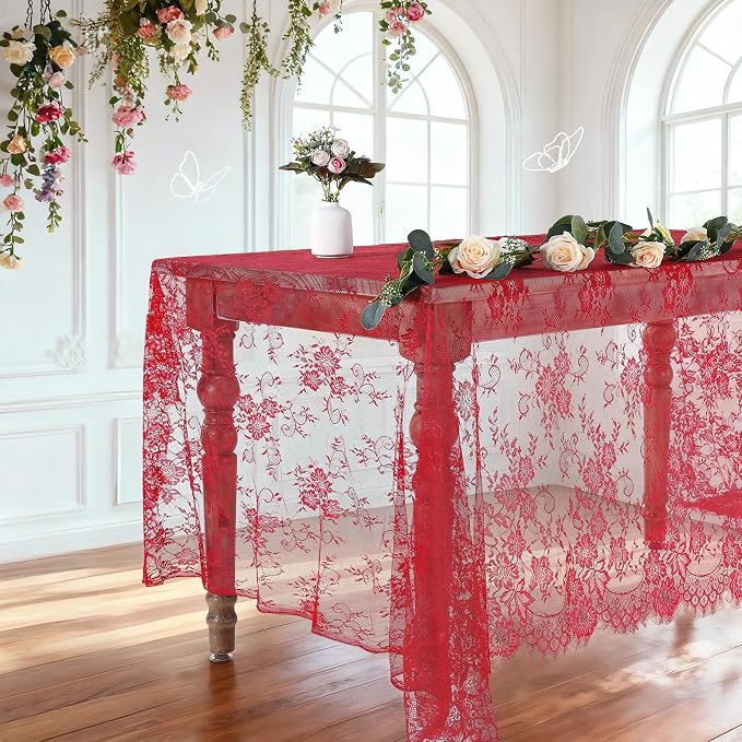 LuoluoHouse Red Lace Tablecloth 6pcs Rose Floral Table Fabric 60x120 Inch - Image 3