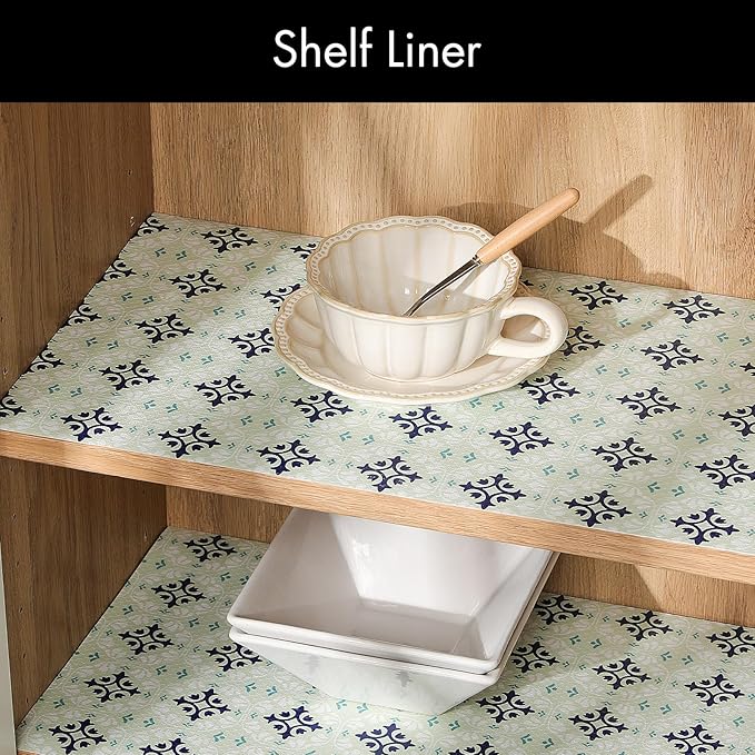 Cooyes Shelf and Drawer Liners for Kitchen Cabinets, Non-Adhesive Cabinet Liners, EVA Waterproof Durable Shelf Paper for Refrigerator, Shelves, Cupboard with European Pattern, Easy to Cut - Image 2