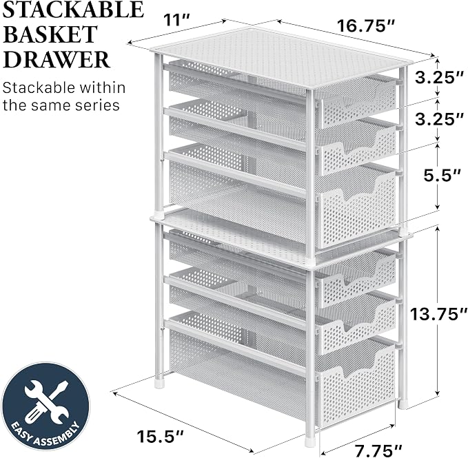 Simple Houseware 3 Tier White Alloy Steel Sliding Basket Organizer Drawer Cabinet - Image 2
