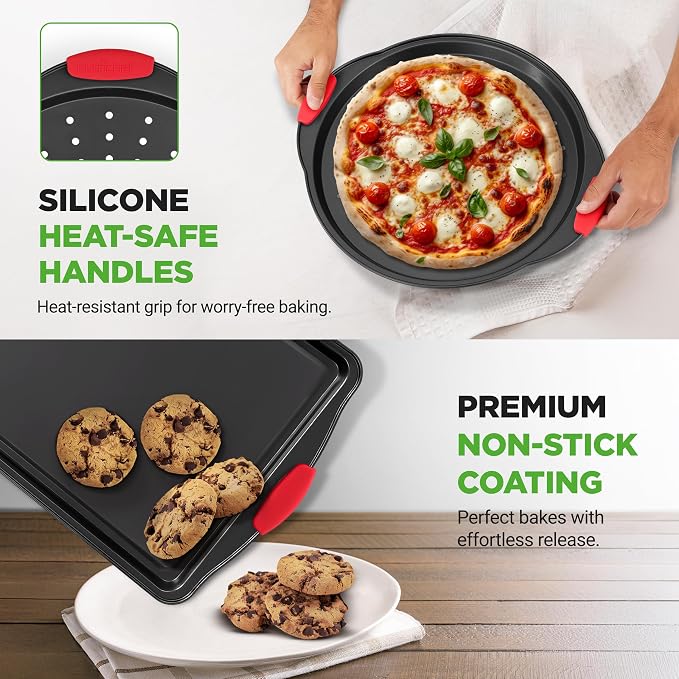 NutriChef Non-Stick Kitchen Oven Baking Pans-Deluxe & Stylish Nonstick Gray Coating Inside Outside, Commercial Grade Restaurant Quality Metal Bakeware with Red Silicone Handles NCSBS8S, 8 Piece Set - Image 6