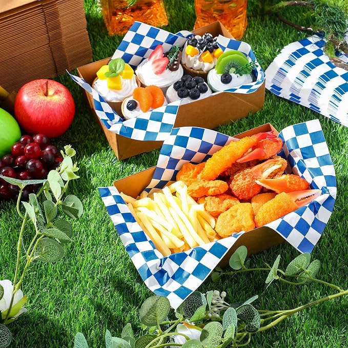 Thenshop 200 Pcs Kraft Food Tray Set with Wrapping Paper,Blue and White - Image 6