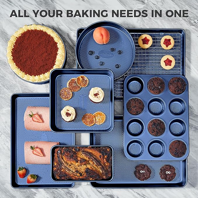 HONGBAKE 9-Piece Baking Pans Set Nonstick, Stackable Non Toxic Bakeware Sets with Diamond Texture, Oven Pan Set for Cooking, Includes Cookie Sheet with Rack, Cake Pan, Roasting Pan, Muffin Tin, Blue - Image 4