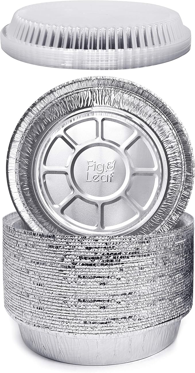Fig & Leaf (45 Pack) Premium 9-Inch Round Foil Pans with Plastic Dome LIDS l Heavy Duty l Disposable Aluminum Tin for Roasting, Baking, Cake or Cooking by Fig+%26+Leaf