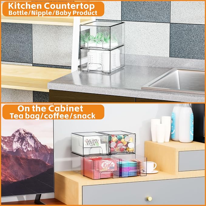 Yieach 2 Pack Clear Stackable Storage Drawers,4.4'' Tall Acrylic Drawer Containers for Organizing,Bathroom Organizers and Storage Bin Box,Plastic Makeup,Medicine Organizer Bins for Cabinet,Undersink - Image 8