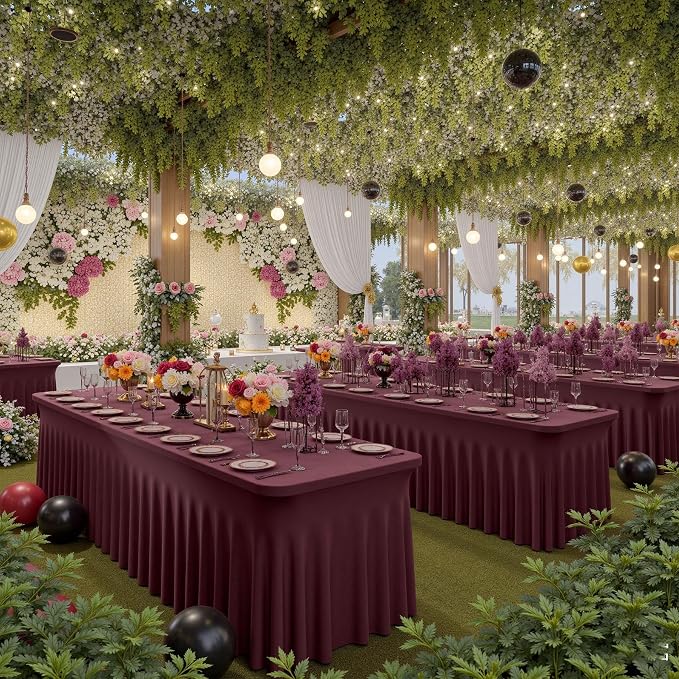 4 Pack Burgundy Spandex Tablecloths for 6 Foot Rectangle Tables, Wrinkle Free Fitted Tablecover 6ft Maroon Stretchy Table Clothes with Skirt for Weddings Birthday Party Banquet Baby Shower - Image 7