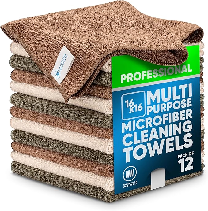 MW Pro Multi-Surface Microfiber Towel – Sand, Olive, Tan 12 Pack |16"x16" Premium Cleaning Cloth | Clean, Dust, Polish, Absorb | Large by MicrofiberWholesale
