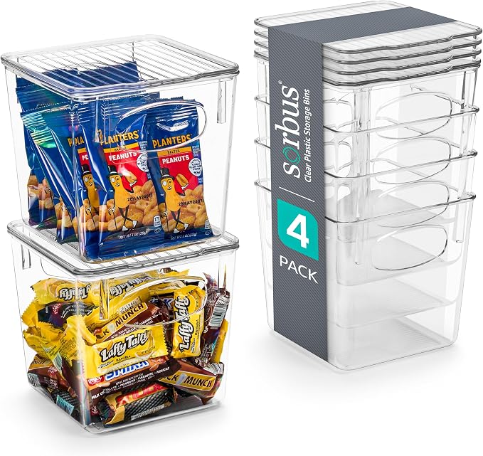 Sorbus Small Plastic Storage Bins (4 Pack) – Clear Bins for Kitchen, Pantry, Fridge, Cabinet, and Refrigerator – Stackable Storage Containers for Home Organization by Sorbus
