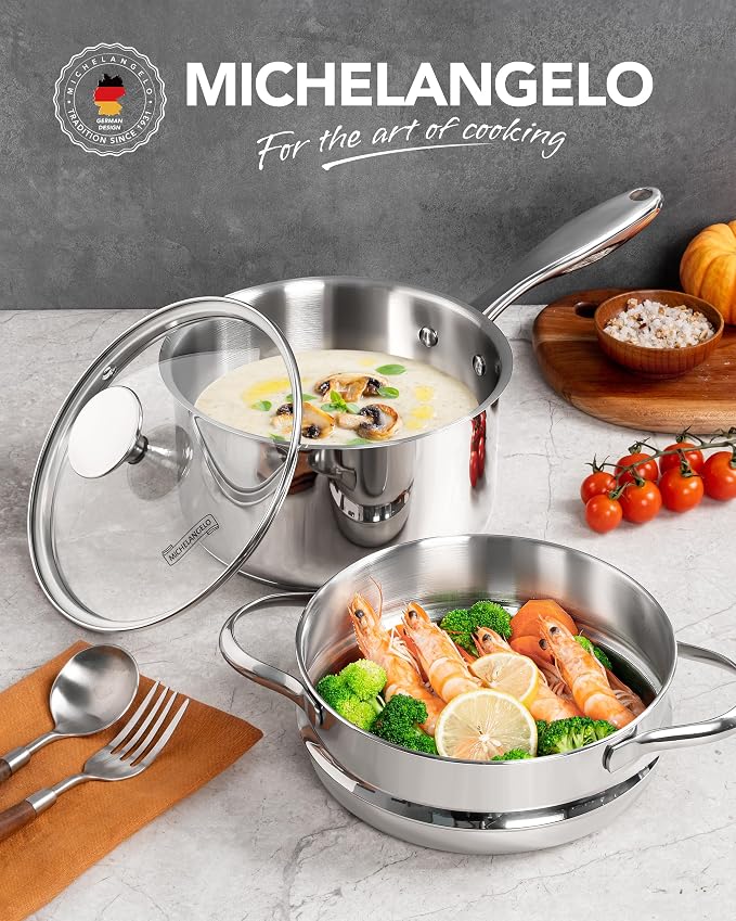 MICHELANGELO Stainless Steel Sauce Pan with Lid, 2.5 Quart Sauce Pan with Steamer Insert, Induction Saucepan, 2.5 Qt Stainless Steel Pot with Lid, Dishwasher & Oven Safe - Image 7