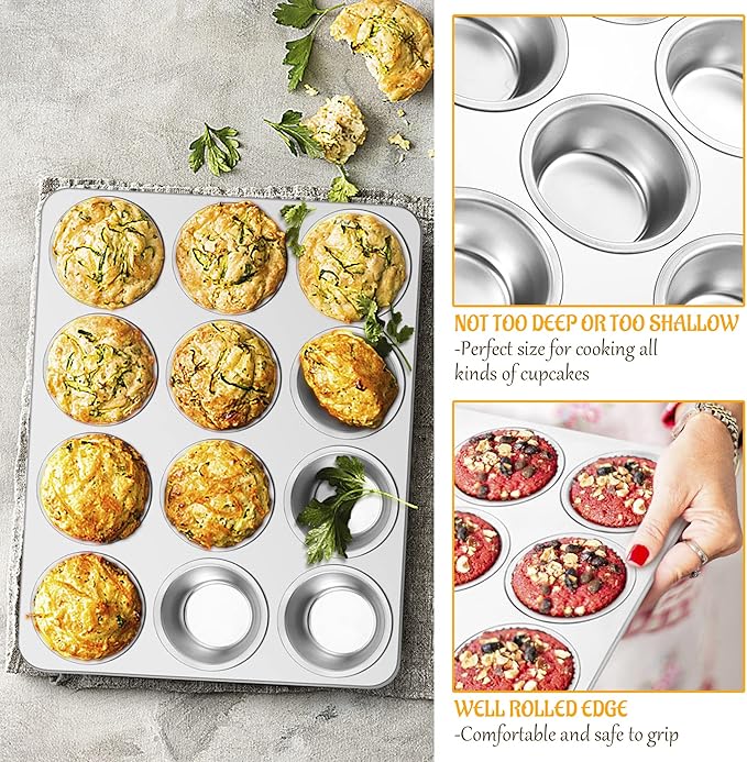 E-far Muffin Pan 12-Cup, 2-Pack Stainless Steel Cupcake Pan for Oven | Non-Toxic Metal Muffin Tins for Baking Muffins & Cupcakes, Regular Size & Easy Clean, Dishwasher Safe - Image 5