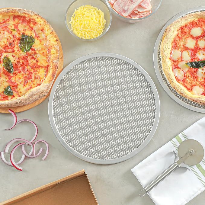 Restaurantware 11 Inch Aluminum Pizza Screen Pack of 12 Mesh Baking Tool For Crispy Crust, Lightweight Stackable Seamless Rim Rust-Resistant Baking Screen, Reusable for Pizzerias, Home Oven Use - Image 6
