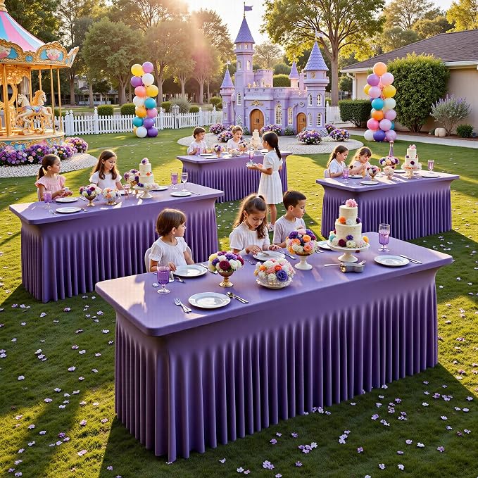 NSSONBEN 2 pk Purple Spandex Tablecloth for 8 Foot Rectangle Tables,Wrinkle Free Fitted Spandex Table Covers 8ft Stretch Table Cloths with Ruffle Skirt for Parties Weddings Banquet Baby Shower by ENJOYYOURPARTY