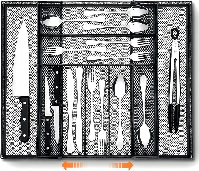 1 Pcs Utensil Drawer Silverware Organizer, Metal Mesh Expandable 13" ~24" Kitchen Drawer Organizer, 7-9 Slots Cutlery Tray Dividers for Kitchen Flatware Christmas Housewarming Gift (Black) by Unknown