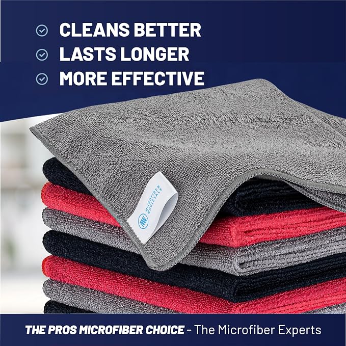 MW Pro Microfiber Cleaning Cloth | Black, Red, Gray (12 Pack) | Size 16" x 16" | All Purpose Microfiber Towels - Clean, Dust, Polish, Scrub, Absorbent - Image 2