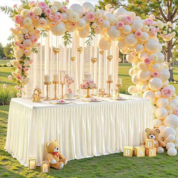 Wish Care Cream White Polyester Table Clothes for 4 Foot Rectangle Tables, Wrinkle Free Fitted Table Cover with Pleated Ruffle Table Skirt for Birthday Party Wedding Trade Show Event Display - Image 2