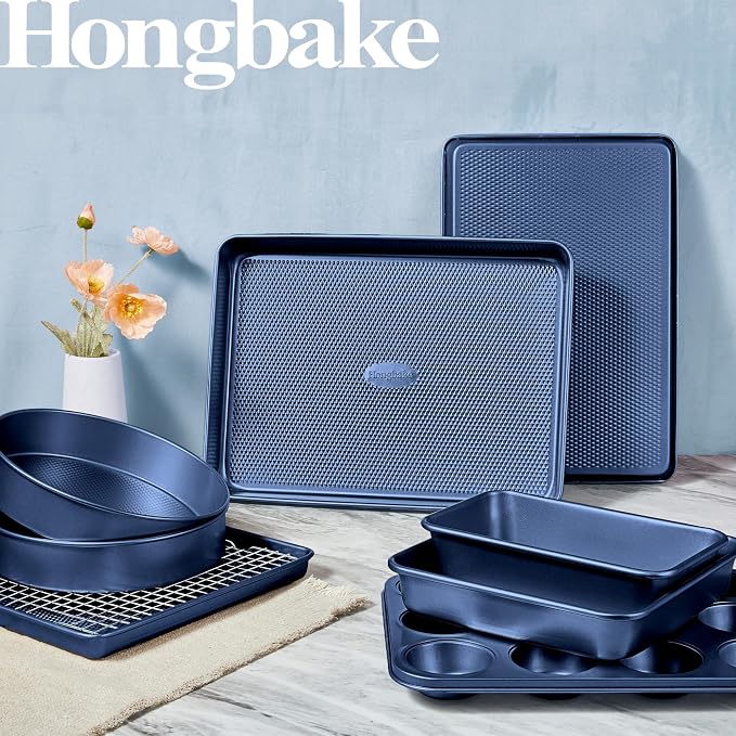 HONGBAKE 9-Piece Baking Pans Set Nonstick, Stackable Non Toxic Bakeware Sets with Diamond Texture, Oven Pan Set for Cooking, Includes Cookie Sheet with Rack, Cake Pan, Roasting Pan, Muffin Tin, Blue - Image 2