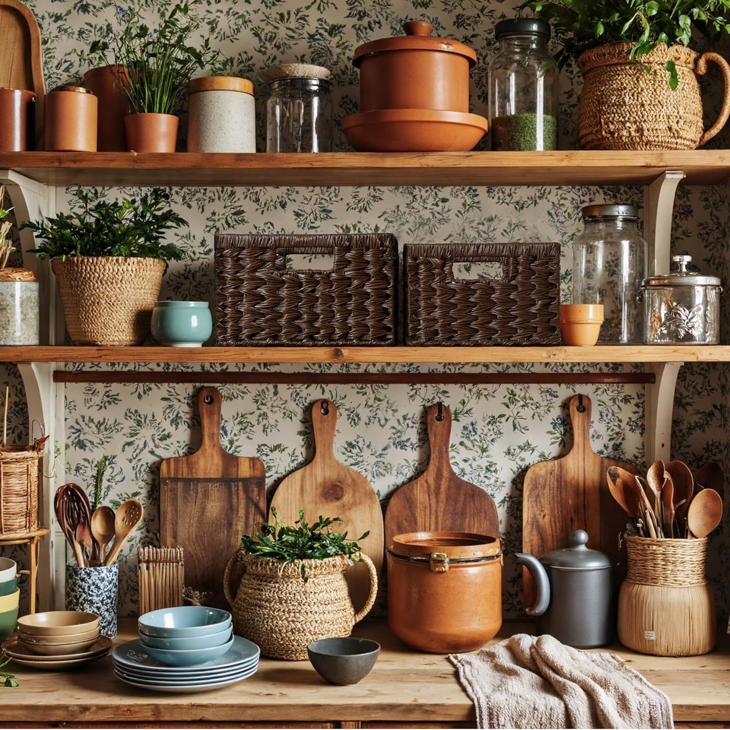 GRANNY SAYS Wicker Baskets for Organizing, Storage Basket for Shelves, Square Shelf Baskets with Handles, Waterproof Woven Basket for Living Room, Baskets for Entryway, Brown