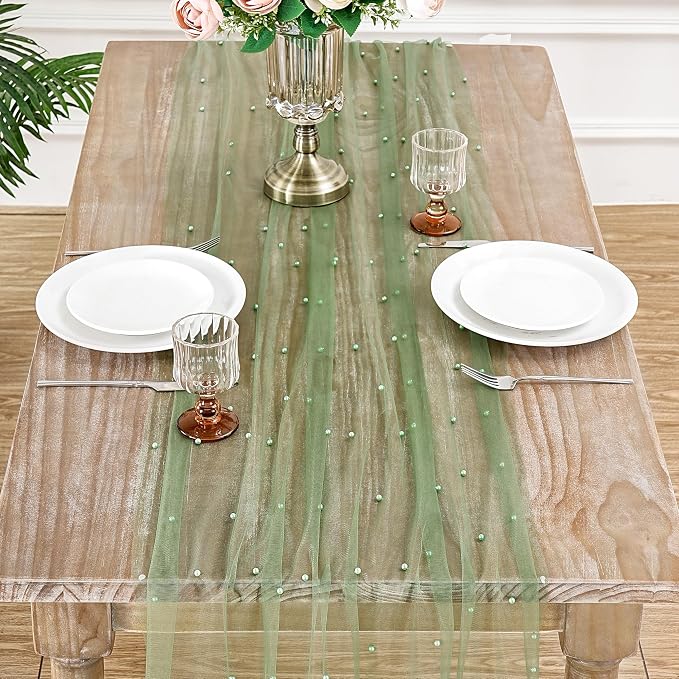 Pearl Table Runner Tulle Lace 10 ft Tulle Table Runners Pearl Sheer Table - Image 6