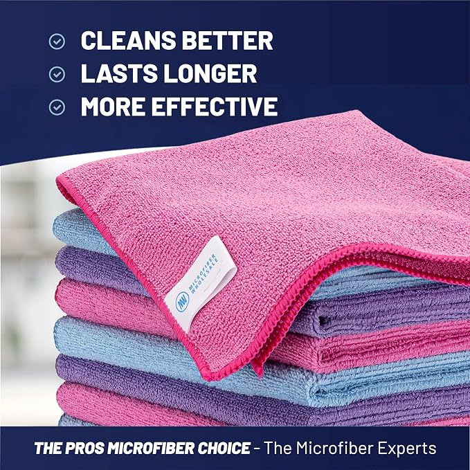 Microfiber Wholesale 16" x 16" Pro Multi Surface Microfiber Towels Bulk | Case: 216 Qty (Pink, Purple, Blue) - Image 2