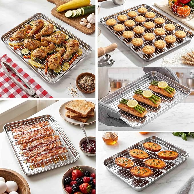 Homikit Baking Sheet with Wire Rack Set (3 Pans + 3 Racks), 16/12/9 Inches | Stainless Steel Sheet Pans with Cooling Racks for Oven, Heavy Duty Metal Cookie Bacon Baking Trays Non Toxic, Dishwasher Safe - Image 6
