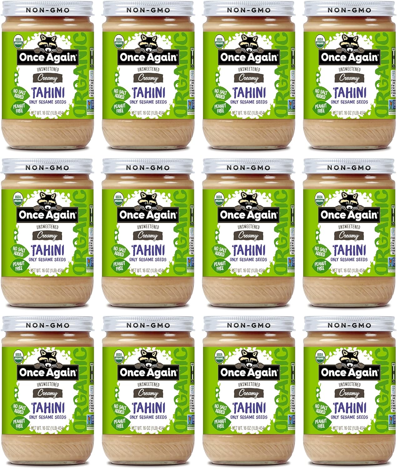 Once Again Organic Sesame Tahini, 16oz - Salt Free, Unsweetened - USDA Organic, Gluten Free, Vegan, Kosher, Peanut Free - Glass Jar - Case of 12