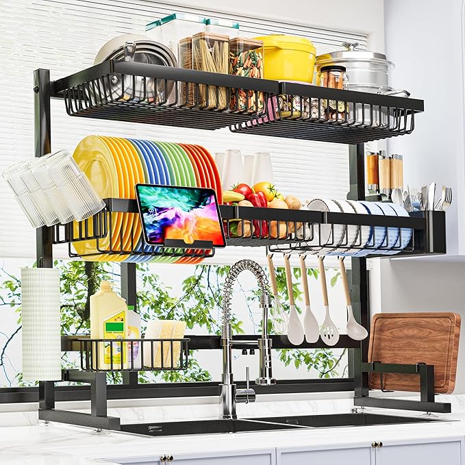 ADBIU Over The Sink Dish Drying Rack (Expandable Height and Length) Snap-On Design 2 Tier Large Dish Rack 31-39.4L x 12W x 34-38H inches by ADBIU