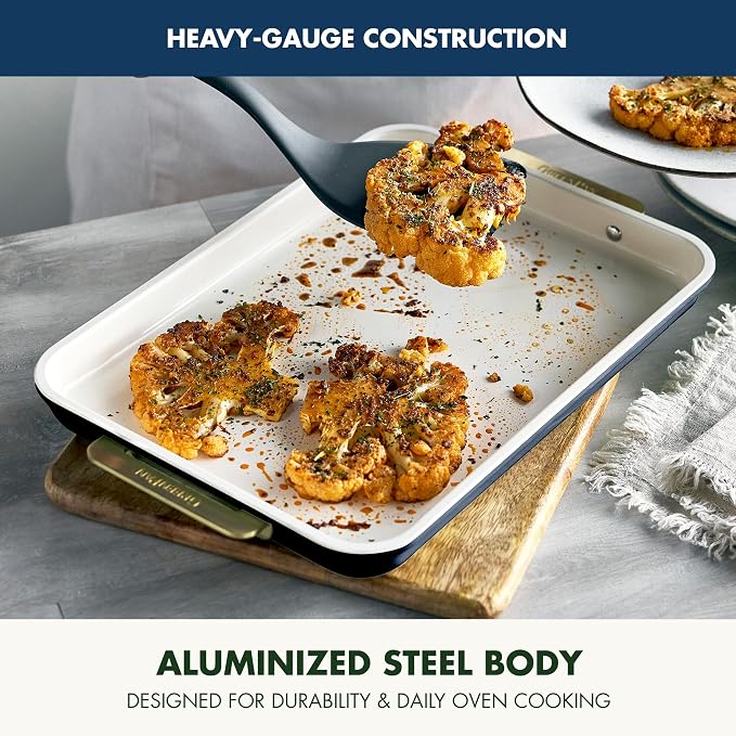 GreenPan Bakeware 13" x 9" Quarter Sheet Pan, Ceramic Nonstick Baking Pan, PFAS & BPA Free, Gold Handles, Durable Steel, Versatile & Space Saving Ovenware, Freezer to Oven Dish, Oxford Blue - Image 3