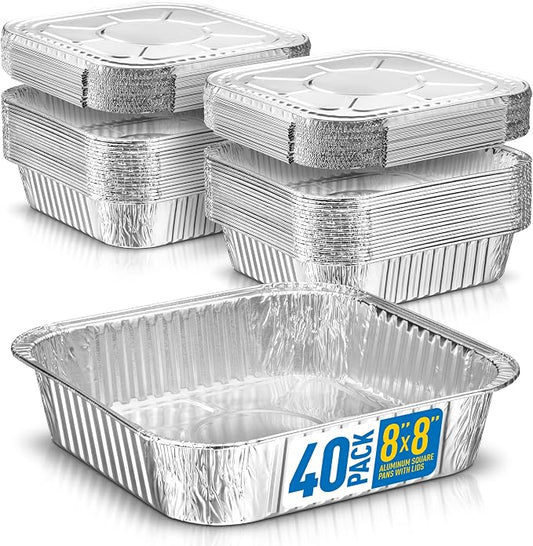 8x8 Disposable Aluminum Pans With Lids - 40 Pack Foil Pans For Cooking, Baking Cakes, Roasting & Homemade Breads - Disposable Food Containers With Foil Lids by Plastible