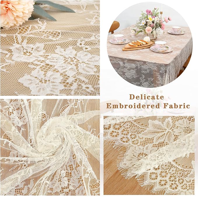 Set of 2 Ivory Lace Tablecloths Rectangle Chic Wedding Embroidered Fabric - Image 3