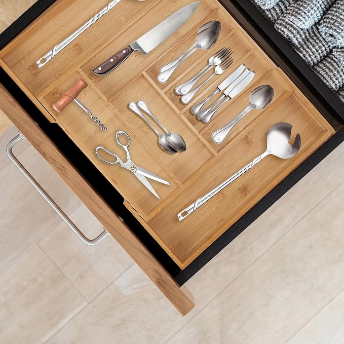 Relaxdays Cutlery Boxes, Expandable Bamboo Cutlery Tray, 7-9 Compartments, HxWxD: 5x29.5-47.5x38 cm, Natural - Image 4