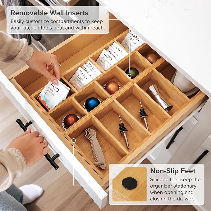 KitchenEdge Utensil & Tea Bag Drawer Organizer, Bamboo - Image 6