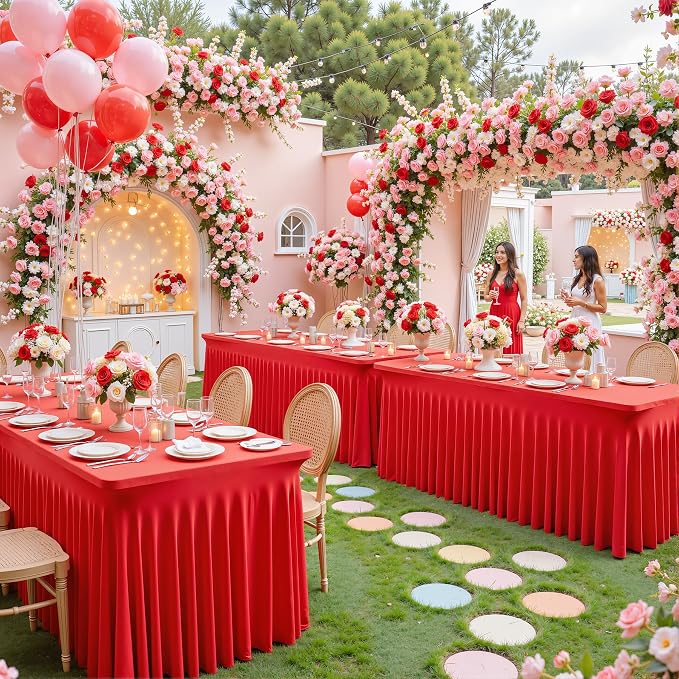Besutolife 8 Pack Red Spandex Tablecloth for 6ft Rectangle Tables Fitted Table Cloth Stretch Table Covers Skirt 6ft Rectangular Tablecloths for Banquet Parties Wedding Decorations - Image 4