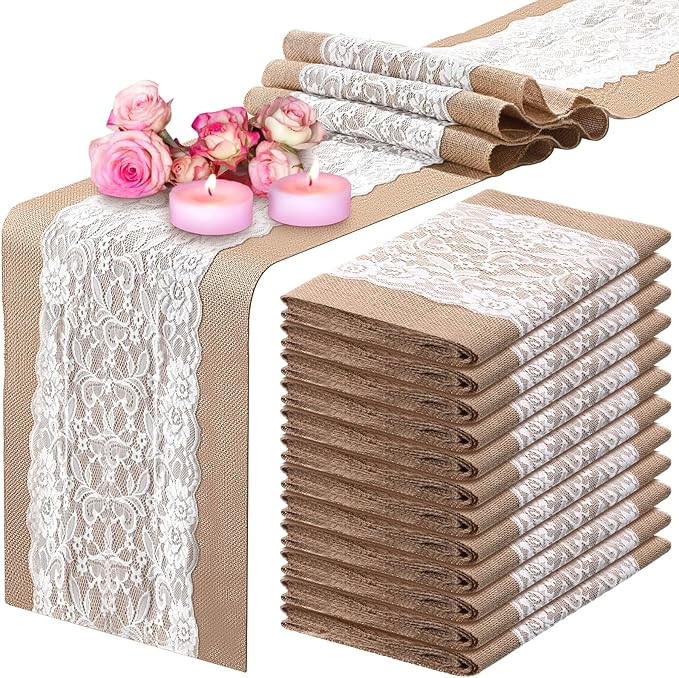 Chumia 12 Pack Burlap Table Runners with Lace 12 x 72 in, Classic Style by Chumia
