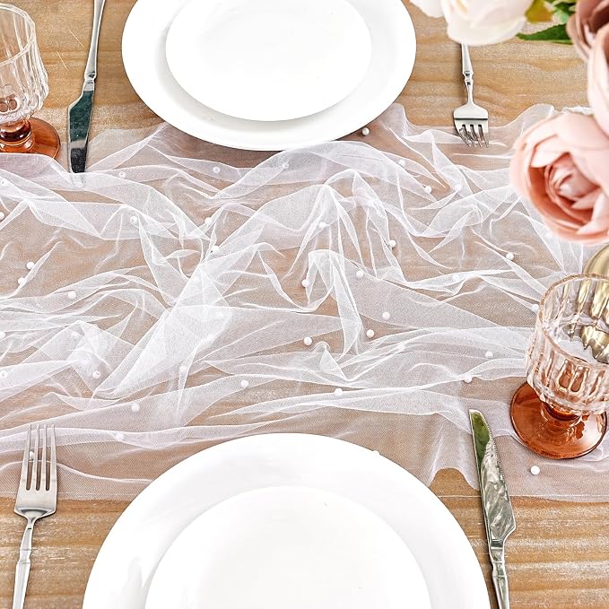 Pearl Gauze Table Runner Tulle Centerpieces Fabric White 10ft Wedding - Image 8
