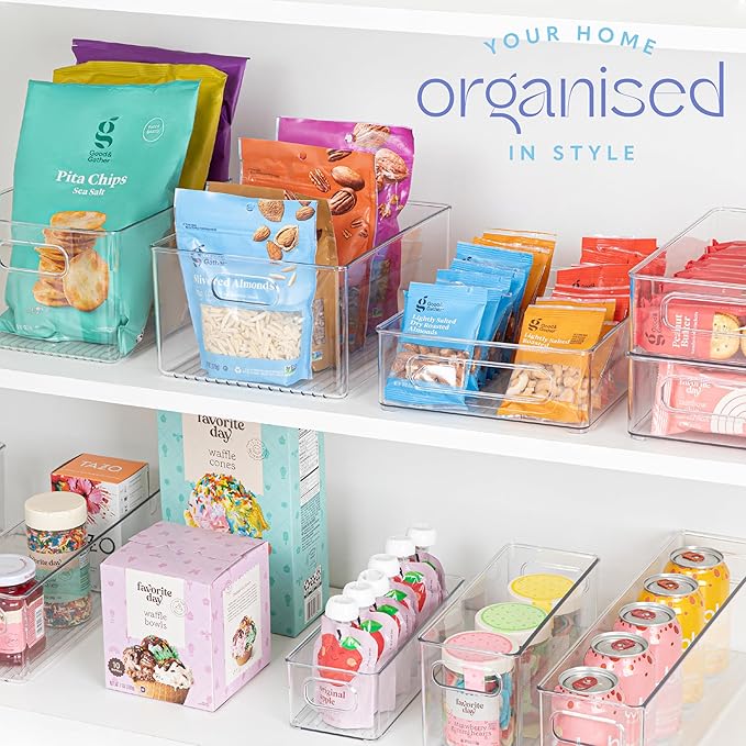 Plastic Food Storage 4 Pack Clear Container Bin with Handles for Organizing Kitchen, Pantry, Refrigerator, Freezer, Pantry, Cabinet, Closet, Bathroom. Stackable 10”x8”x3” - Image 7